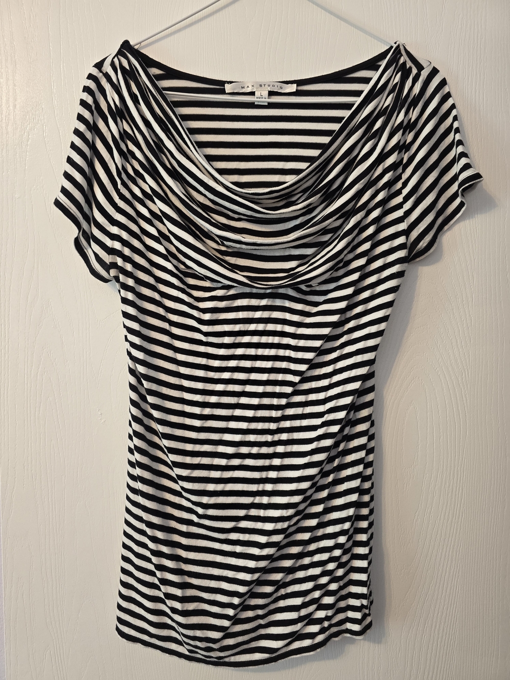 Max Studio Black & White Striped Cowl Neck Short Sleeve Top